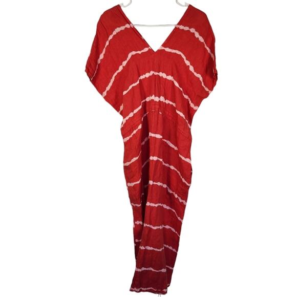 PEZ Linen Midi Tie Dye Dress OS Red‎ Resortwear Beach Coastal Vacation - Picture 2 of 8